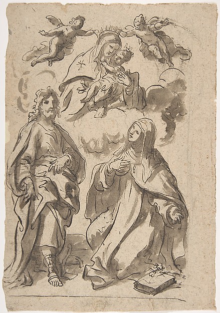 A Male and a Female Saint (Joseph of Aramathea? and Saint Catherine of Siena? Adoring the Virgin and Child in Glory (recto); Minerva Bellona with a Victorious Warrior (verso) by Francesco di Maria