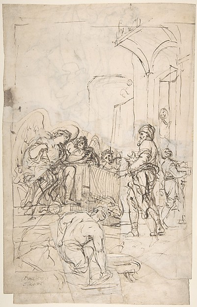 Abraham Entertaining the Three Angels (Genesis 18:1-15) (recto);  A Couple Embracing, and Other (verso) by Francesco Lamarra