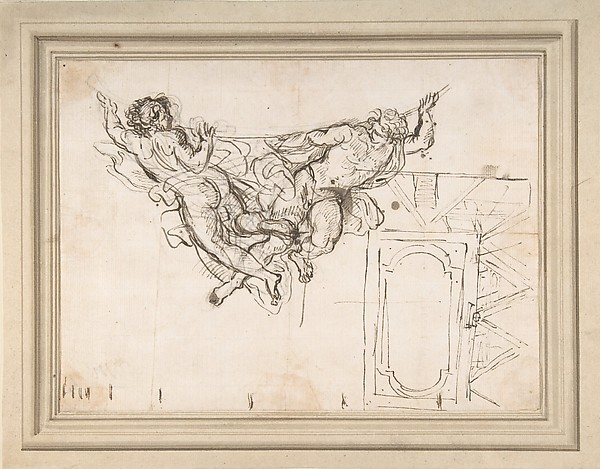 Study for Nude Male Figures Supporting a Frame and Plan of the Ceiling Decoration of Palazzo Altieri, Rome