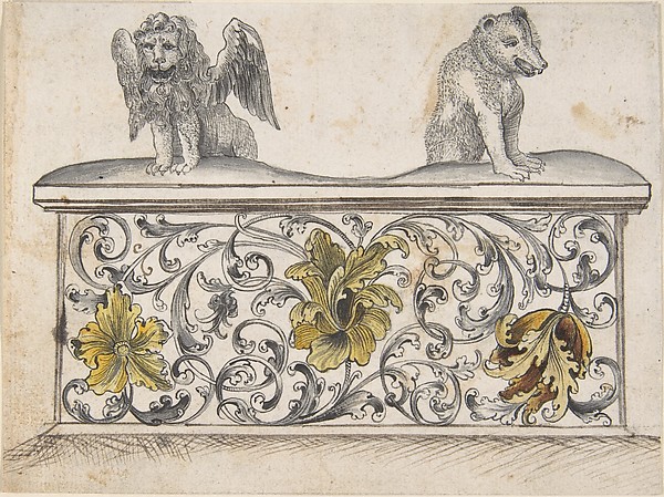Ornamental design for front of a chest with winged lion and bear