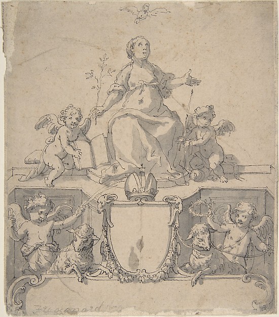 Cartouche with a Crown, the Virgin (?) and the Holy Ghost, and Four Putti by Johann Matthias Kager