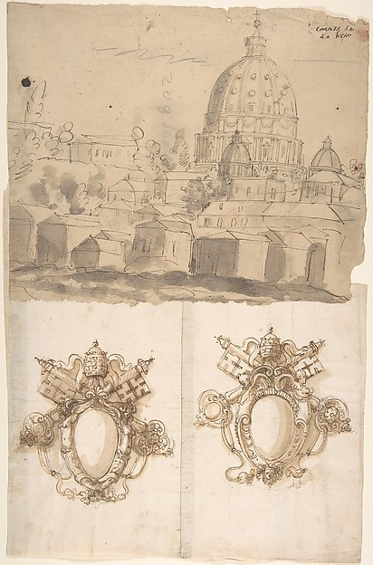 St. Peter's, view from the southeast; Unidentified, blank, papal escutcheons (recto) blank (verso) by Anonymous, French, 16th century, The Metropolitan Museum of Art