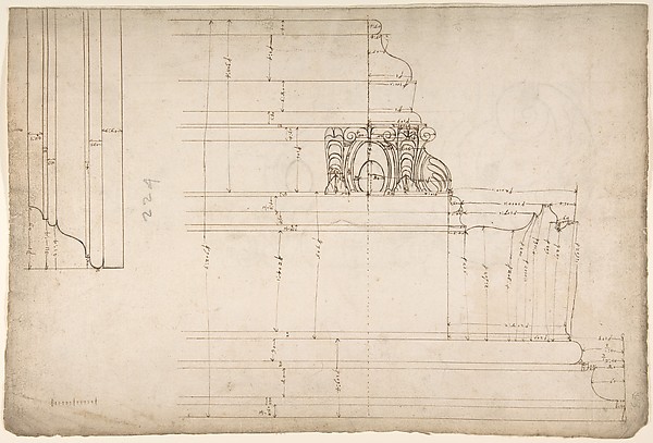 St Peter's, cornice, exterior, profile (recto) Unidentified, moulding, elevation; Unidentified structure, plan  (verso)