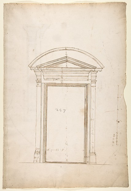 San Lorenzo, Library, Ricetto, entry portal from library, elevation (recto) San Lorenzo, Library, Ricetto, entry portal from library, plan and section (verso)