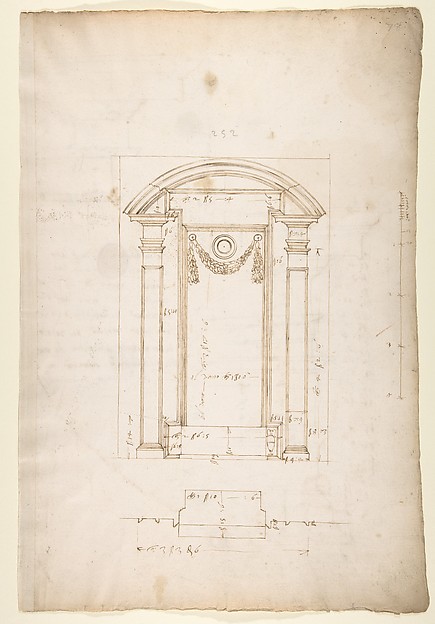 San Lorenzo, New Sacristy, niche frame, tabernacle, plan and elevation (recto) San Lorenzo, New Sacristy, entablature, cornice, and base of niche, profiles (verso)