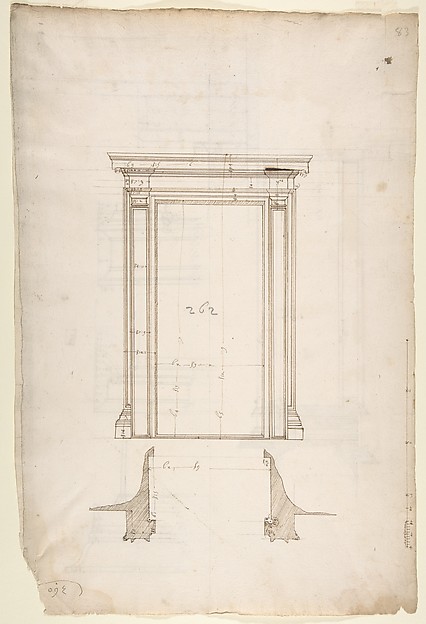 San Lorenzo, Library, Ricetto, portal from cloister, elevation; plan (recto) San Lorenzo, Library, Ricetto, portal from cloister, section; details (verso)