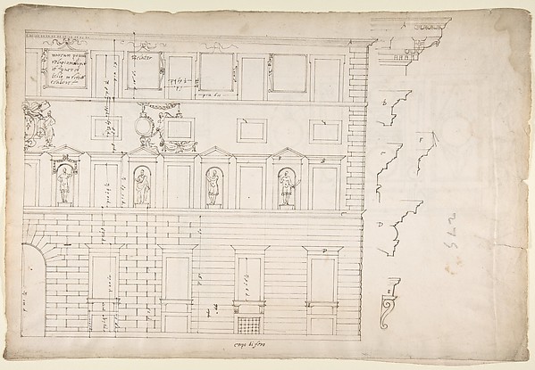 Palazzo Spada (Capodiferro), right half, elevation; details profiles (recto) Wall, interior, elevation; ceiling, interior, plan (verso)