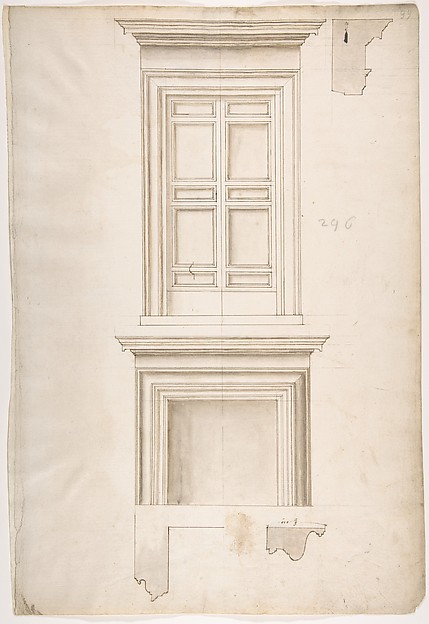 Unidentified, portal, elevation; portal, cornice, profile; fireplace, elevation (recto) blank (verso)