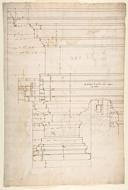 Palazzo Massimo alle Colonne, entablature, elevation (recto); Portico, Doric capital and entablature, elevation and Unknown, Corinthian cornice, elevation (verso)