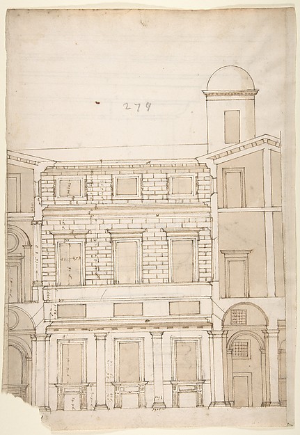 Palazzo Massimo alle Colonne, cortile, section (recto) Palazzo Massimo alle Colonne , first story loggia entablature, profile section and column shaft (verso)