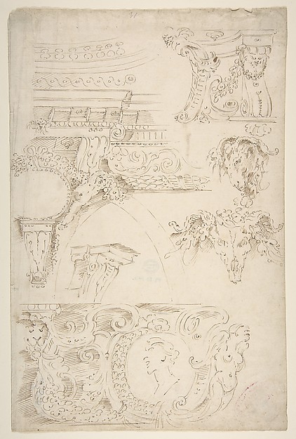 Sketches of Sculptured Decoration. Entablatures and a Frieze with Human, Animal and Floral Ornaments