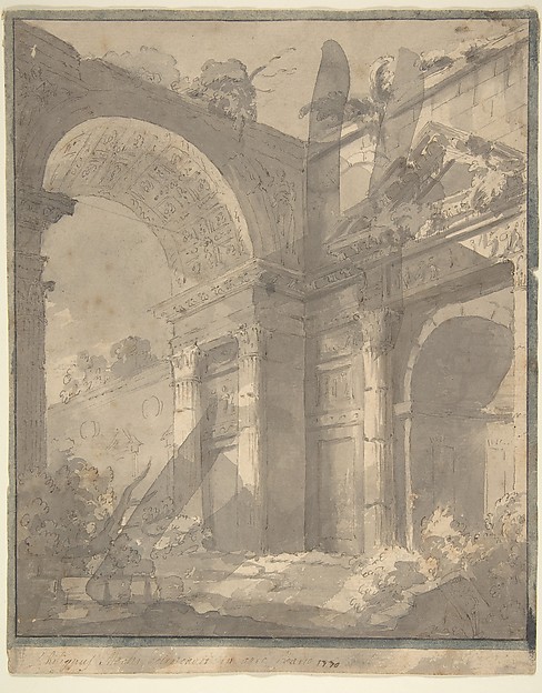 View of Ancient Roman Ruins, an Arch and a Triangular-Pedimented Doorway