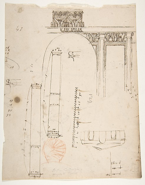 S. Costanza, drum, interior, elevation; column shafts, profiles; narthex, section; stair, detail plan (recto) stair, plans; window, elevation (verso)