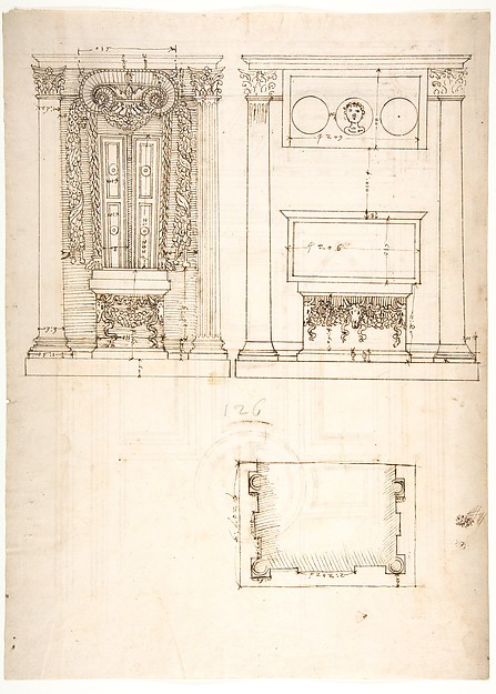 Unidentified, funerary altar, plan and elevations (recto) S. Giovanni Laterano, Oratorio della Santa Croce, paneling, elevation (verso)