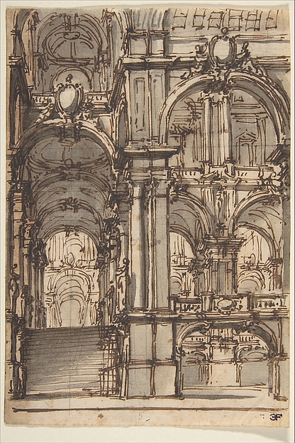 Design for a Stage Set:  Stairway and Arcades Leading to a Salone