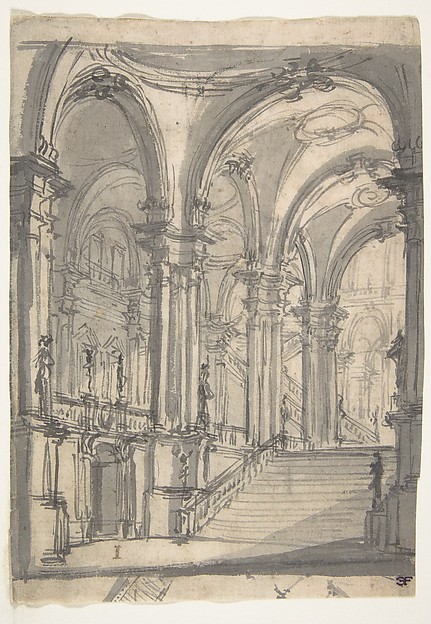 Design for a Stage Sets  Groin-vaulted Stairway Leading to a Gallery with Another Stairway to a Second Story at Left (recto); Slight Sketch Traced Through form the Recto and Reworked (verso).