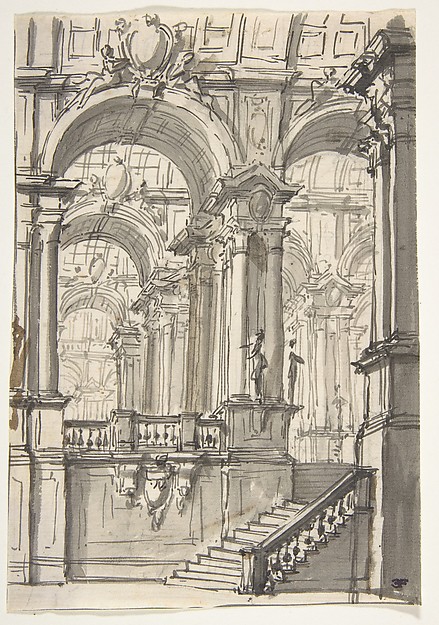 Design for a Stage Sets:  Anteroom with Stairs Leading to a Gallery Composed of a Series of Connected Barrel Vaults