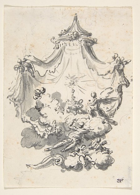 Parted Curtains Revealing Angels Upon Clouds Worshipping a Monstrance (Design for a Stage Set?)
