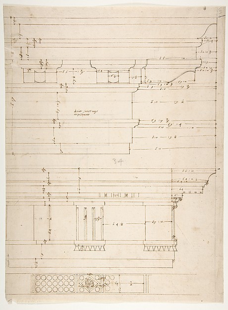 Unidentified, Doric cornice, elevation; Theater of Marcellus, Doric cornice, elevation (recto) Unidentified, cornice, elevation (verso)