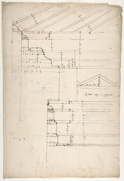 Portico Octavia, pediment and entablature, elevation; pediment, elevation (recto)  Temple of Antoninus and Faustina,  entablature, elevation (verso)