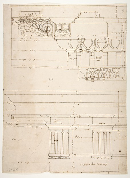 Basilica Ulpia, cornice, elevation profile with ornamental detailing; Domus Turciorum, entablature, elevation profile (recto) Domus Turciorum, elevation, perspective (verso)