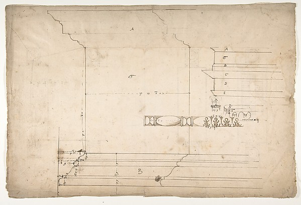 Forum of Nerva, colonnade, profiles of attic and entablature, architrave and column detail (recto) Arch of Constantine, plan (verso)