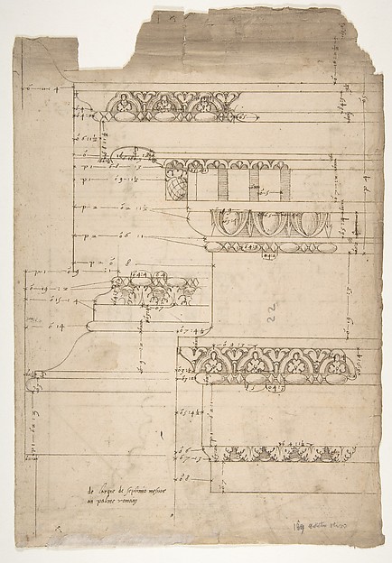 Arch of Septimius Severus, entablature, elevation; attic, base, elevation (recto) Arch of Septimius Severus, archivolt, elevation; impost, elevation; entablature, elevation; column base, elevation; column, plan (verso)