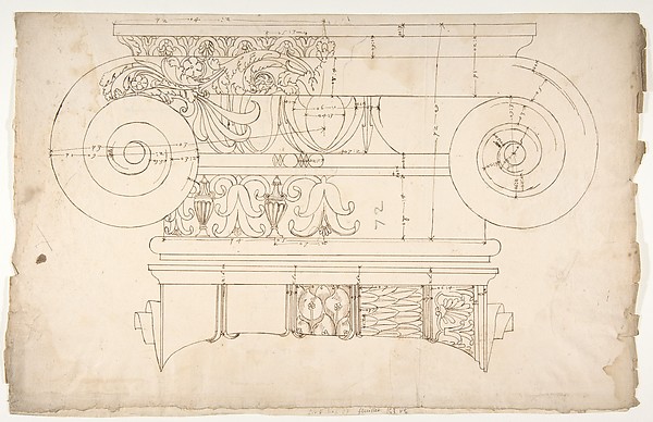 Unidentified, Ionic capital, elevation, front and side (recto) Unidentifed, Ionic capital, section, detail; Ionic capital, elevation, detail  (verso)