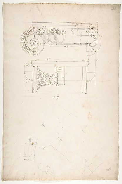 Unidentified, Ionic capital, front and side elevations with small studies (recto) calculation notes (verso)