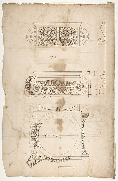 Temple of Portonus, capital, elevations and plan (recto) Unidentified, capital, elevation (verso)
