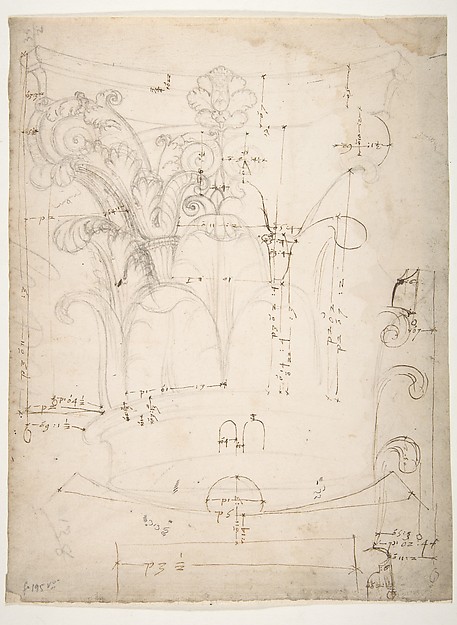 Unidentified Corinthian capital, elevation, section, and ceiling plan (recto) blank (verso)