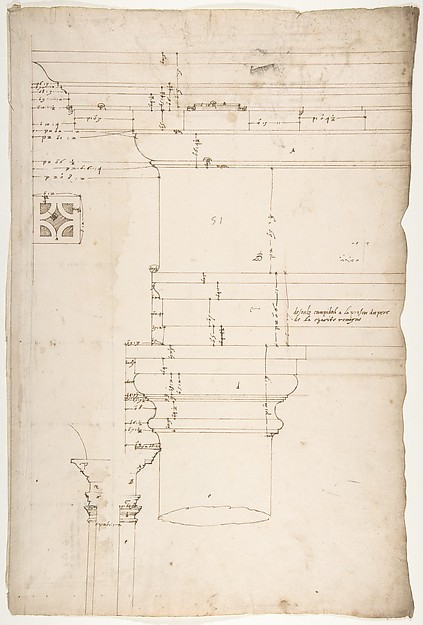 Portico at the Porta Carmentalis, Tuscan capital and entablature, elevation; pier, section, detail (recto) S. Prassede, Quadriportico, Doric capital, elevation; Palazzo Massimo alle Colonne, column shaft, profile (verso)