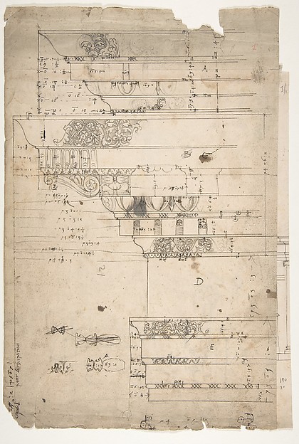 Forum of Nerva, entablature, elevation; cornice, elevation (recto) Forum of Nerva, architrave panel, ceiling plan, Corinthian, capital (verso)