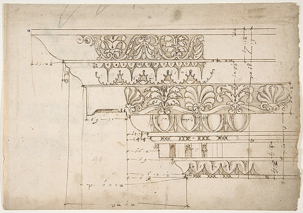 Domus Augustiana, cornice, elevation in profile, ornamental detailing (recto) Unidentified, cornice, elevation in profile, ornamental detailing (verso)