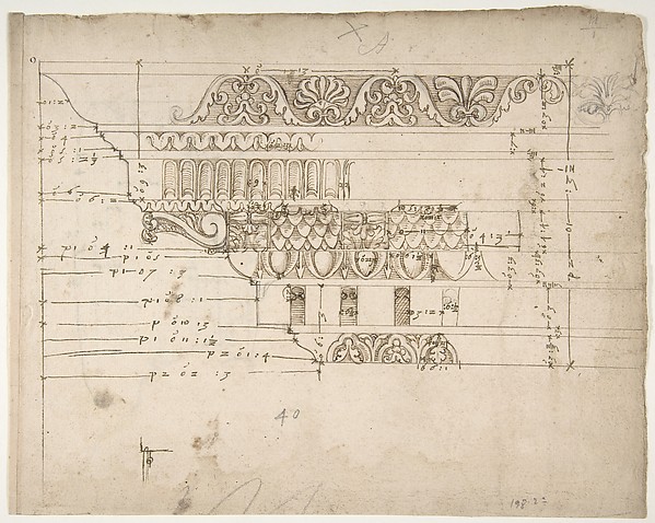 Arch of Camigliano, cornice, elevation in profile, ornamental detailing (recto) Unidentified, Doric capital; Arch of Camigliano, cornice, profile, sketch (verso)