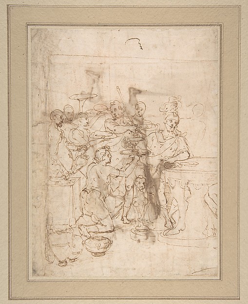 Banquet Scene: A Seated Warrior Attended by a Number of Servants (recto); Back View of a Standing Man in a Long Cloak (verso)