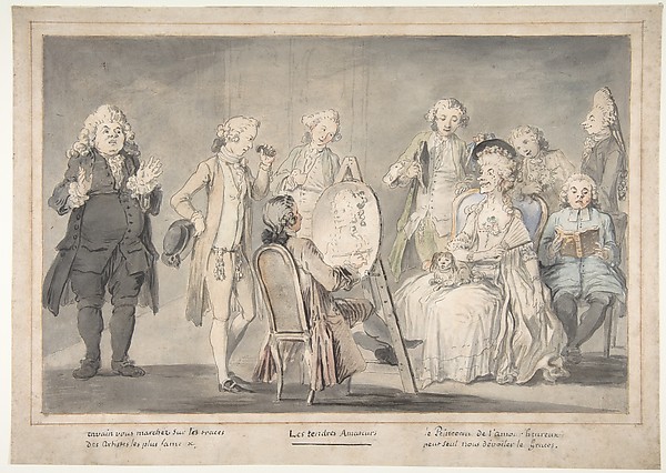 Satirical drawing:  Artist Painting an Old Lady's Portrait