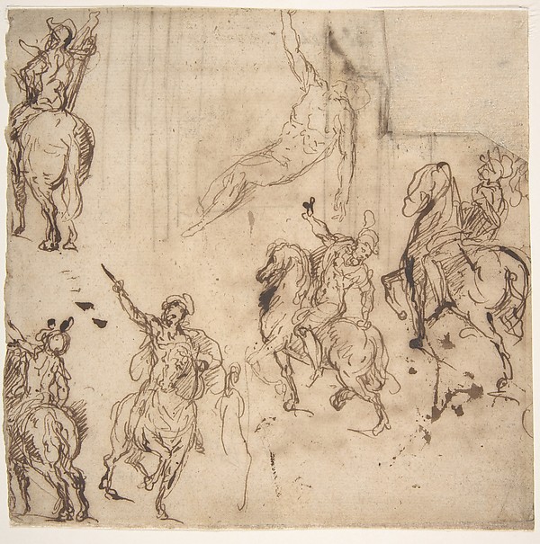 Studies of Horsemen and Study of a Figure for a Deposition (recto); Sketch for an Entablature (verso) by Jacopo Palma the Younger