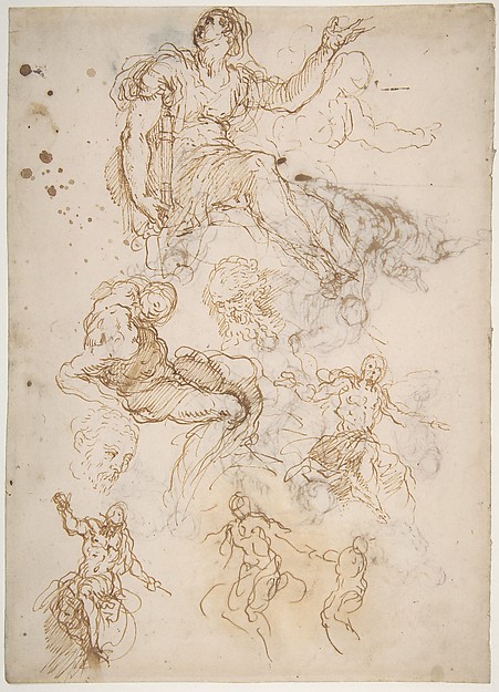 Figure Studies: Seated Female Holding a Book, Two Heads of Bearded Men, Seated Male Nude, and Four Sketches for Christ Judging (recto); Studies for Cain Slaying Abel (verso) by Jacopo Palma the Younger