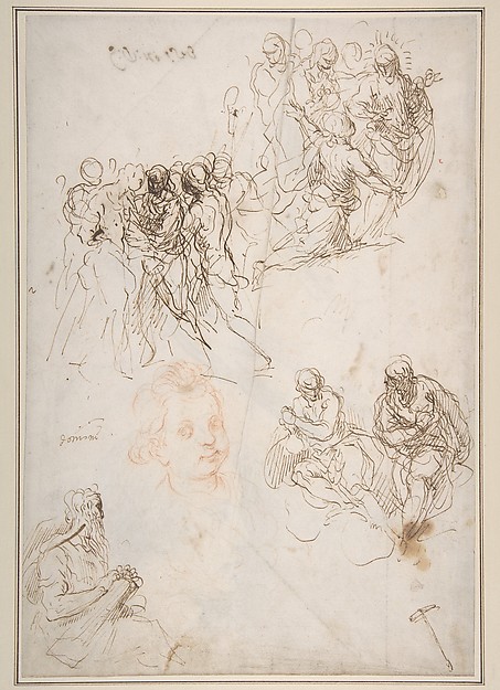 Figure Studies: The Arrest of Christ?, Christ and the Canaanite Woman, Seated Male Figures, and Head of a Child (recto); Studies of an Arm, and of the Heads of an Old Man and Young Woman (verso) by Jacopo Palma the Younger