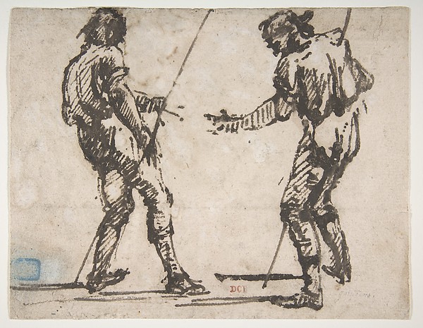 Two Men Holding Long Staffs (recto); Proof impression of part of an etching, and scribbles in the artist's hand (verso)