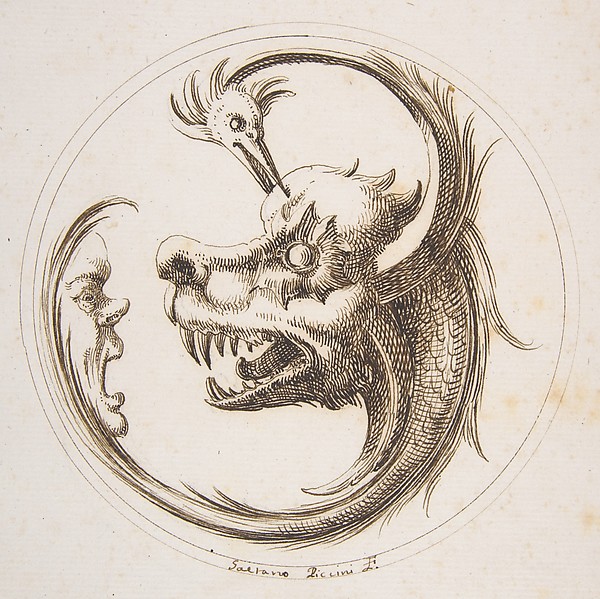 Two Beasts and a Human Mask within a Circle