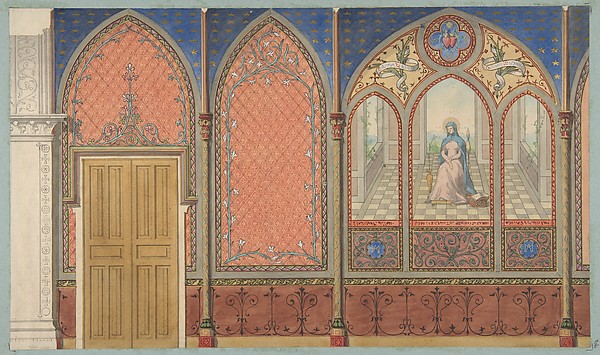 Elevation of a Church or Chapel with designs for ornament and a painted triptych of the Virgin Mary by Jules-Edmond-Charles Lachaise