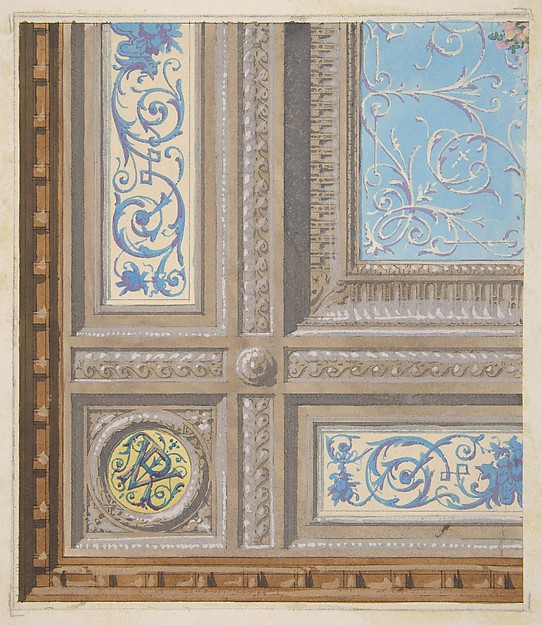 Design for the painted decoration of a coffered ceiling with initials:  VR