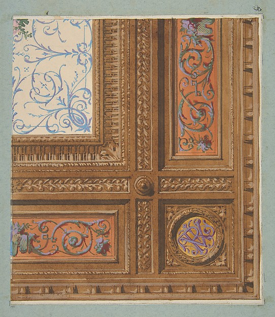 Design for the painted decoration of a coffered ceiling with initials:  VR