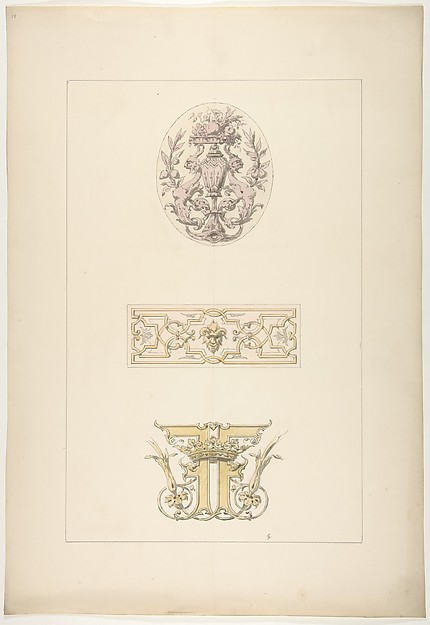 Two designs for decorative panels and one design for an ornamental monogram with a crown and the initials:  FF