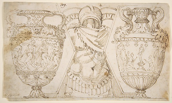 Ornamental Design with Amphore and Antique Style Armor (recto); Sketch with Two Figures (verso)
