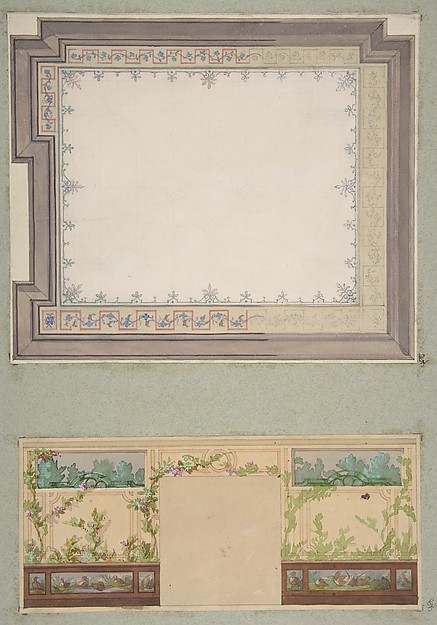 Designs for the ceiling and wall of a room decorated with waterbirds and flowering vines