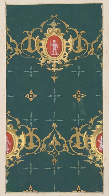 Design for wallpaper featuring rinceaux and carouches framing figures
