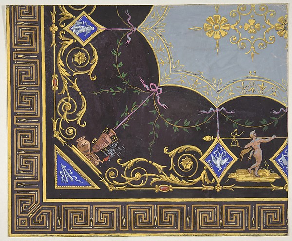 Design for wallpaper with Roman key border, rinceaux, and medallions